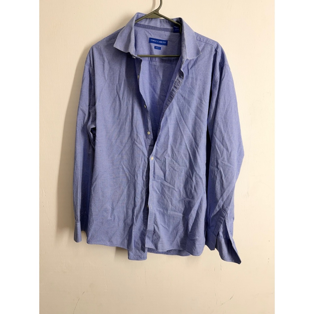 Vince Camuto Slim Fit Dress Shirt Men 16.5 34/35 Blue White Micro Pattern Cotton